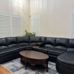 Six Seater Black Leather Sofa With Coffee Table