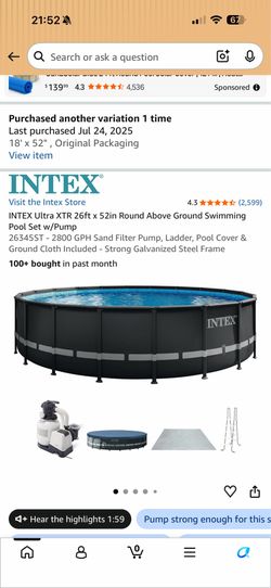 INTEX Ultra XTR 26ft x 52in Round Above Ground Swimming Pool Set w/Pump 26345ST - 2800 GPH Sand Filter Pump, Ladder, Pool Cover & Ground Cloth Include