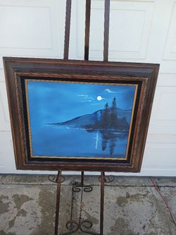 Vintage Framed  La Mirada Young Artist Moon Over Hill And Water Oil On Canvas Signed Mike Bartee