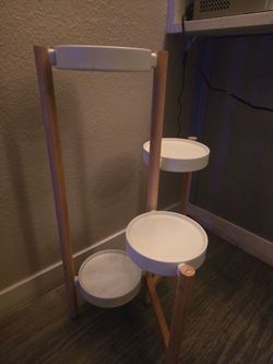 IKEA Satsumas Plant Stand  featuring light Bamboo legs 4 Staggered white Steel trays for plants