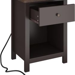 ChooChoo Nightstand with Charging Station, Wooden Top Bedside Table with Drawer and Storage Space for Bedroom, Espresso