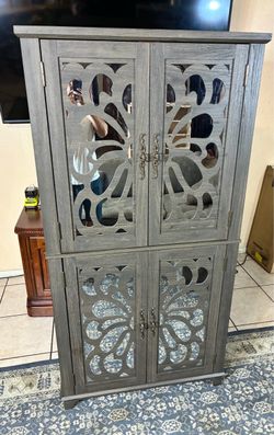 Gray Wood Cabinet with Mirrored Doors