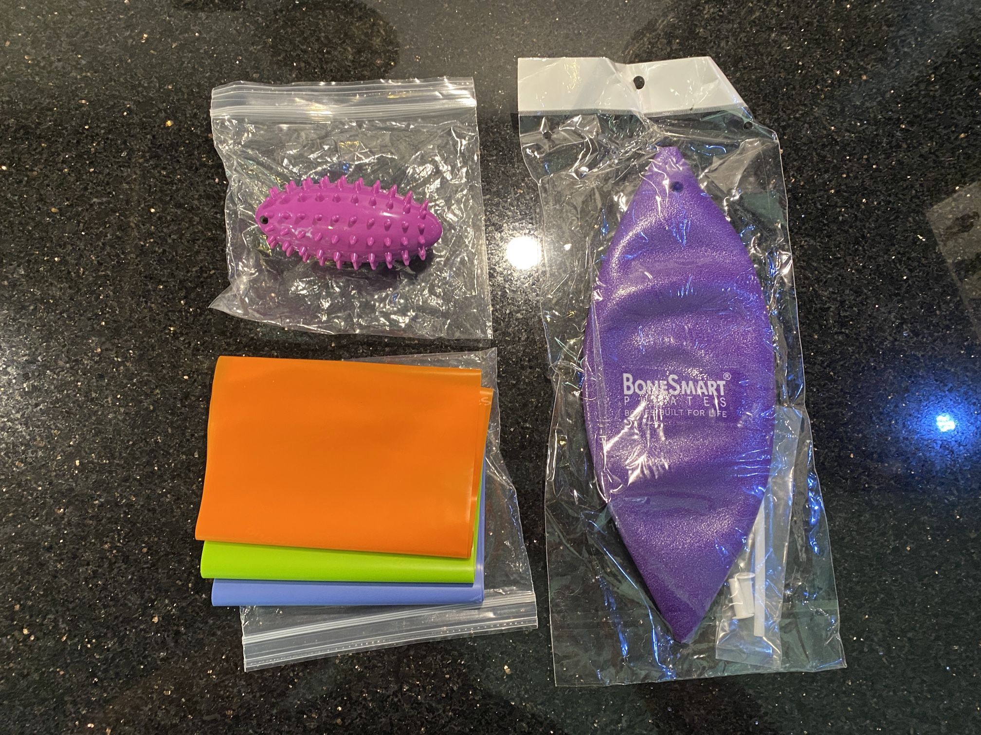 BoneSmart Pilates Exercise Props Bundle Ball, 3 Resistance Bands & Foot Massager