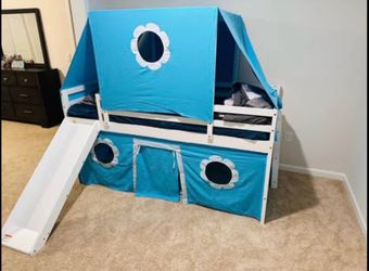 Twin Low Loft Bed with Slide and Tent