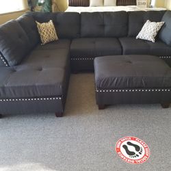Brand New 104" x 75" Black Linen Reversible Sectional + Ottoman