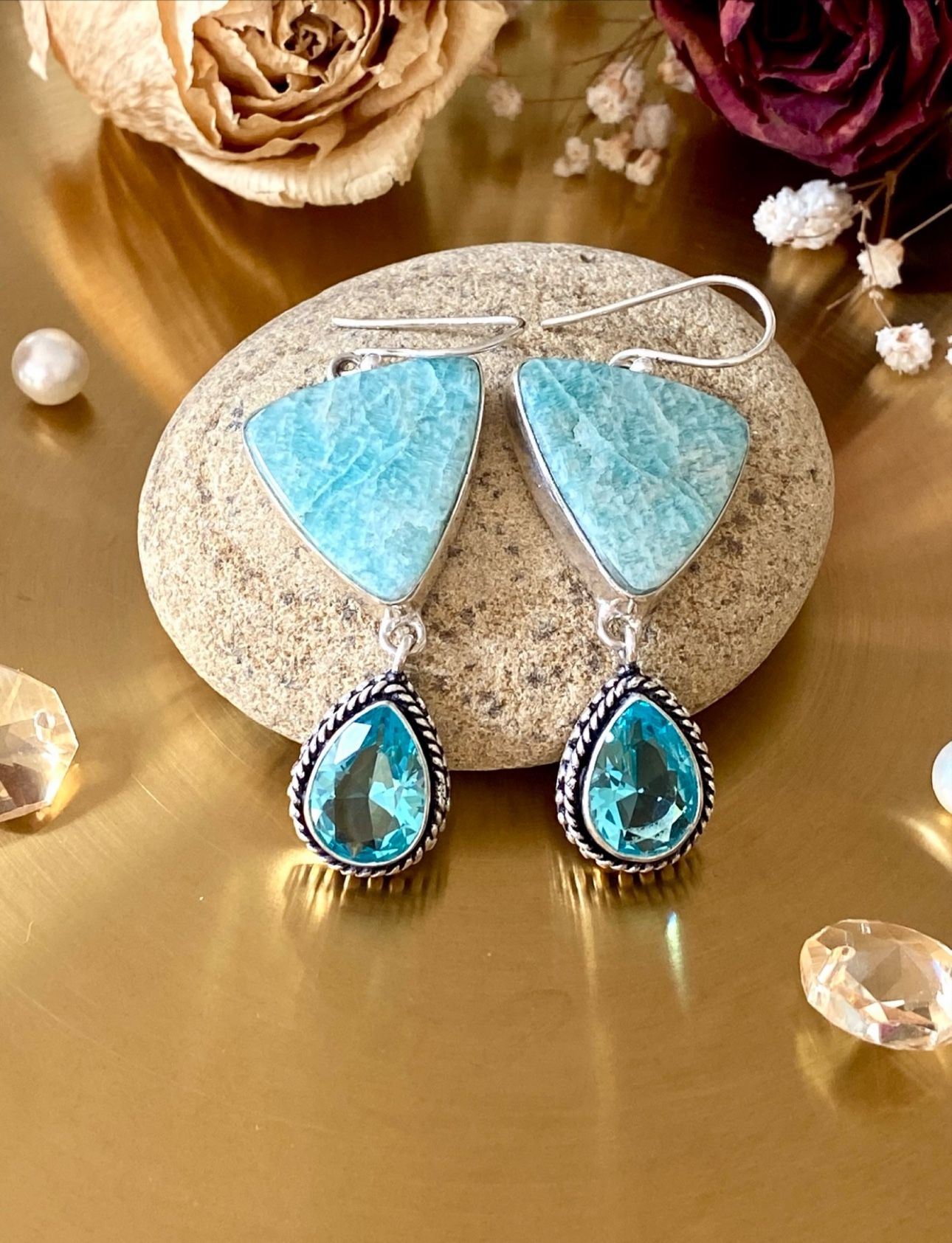 Amazonite And Blue Topaz 925 Sterling Silver Overlay Handcrafted Earrings