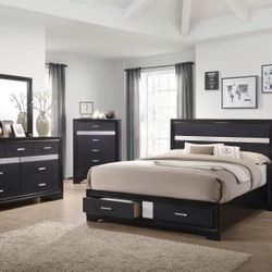 BLACK FINISH 4 PIECE QUEEN BEDROOM SET BED DRESSER NIGHTSTAND MIRROR - RECAMARA CAMA TOCADOR