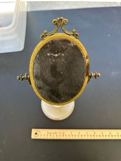 Vintage Brass Tone Swivel Vanity Mirror Ornate Alabaster Onyx Marble Base Tabletop