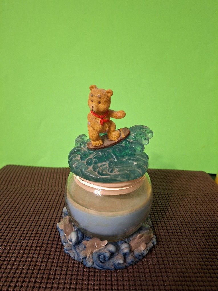 Vintage 6-1/2 Tall Teddy Bear Surfing Candle With Beach Ocean Base-$10.00