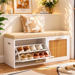 White Shoe Storage Bench with Rattan Door and Padded Seat