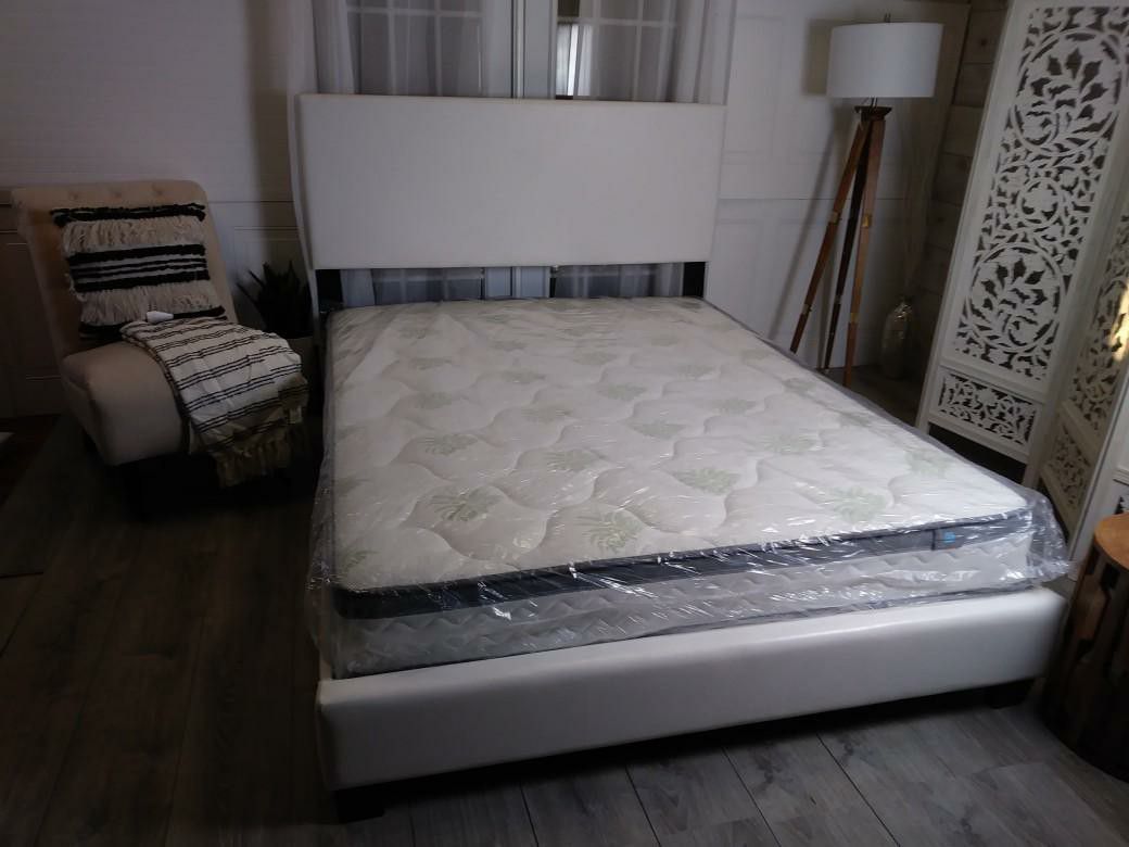 New White Queen Bed Frames Leather Headboard Platform Beds Frame