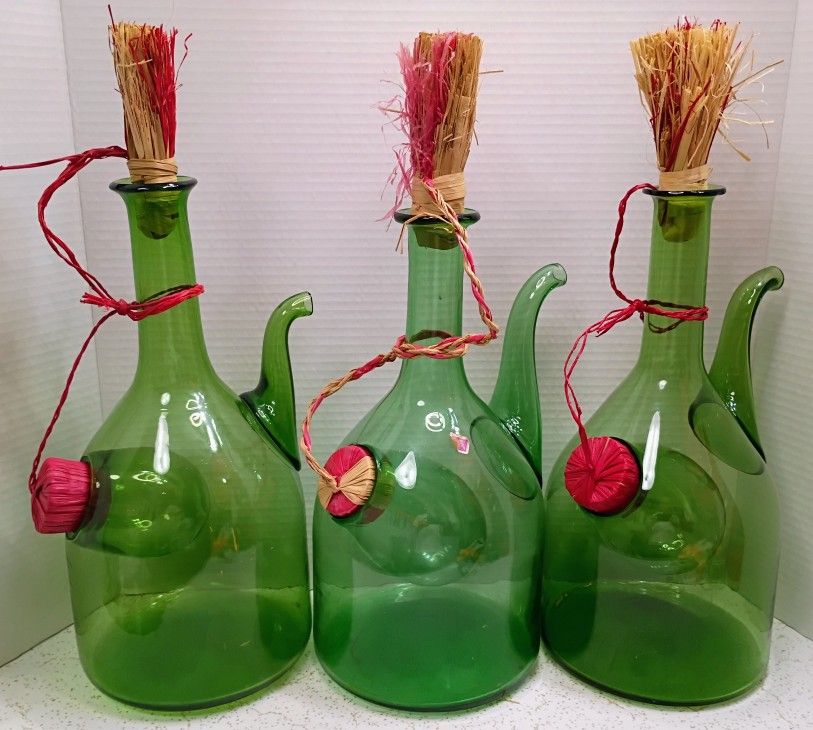 Mid Century Vintage Italian Demijohn Green Glass Wine Decanter with Plugs and Ice Chamber $20 Each / 3 for $50!