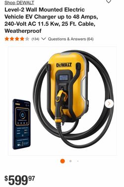 Shop DEWALT Level-2 Wall Mounted Electric Vehicle EV Charger up to 48 Amps, 240-Volt AC 11.5 Kw, 25 Ft. Cable, Weatherproof