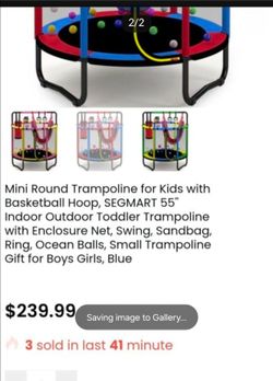 Mini Round Trampoline for Kids with Basketball Hoop, SEGMART 55'' Indoor Outdoor Toddler Trampoline with Enclosure Net, Swing, Sandbag, Ring, Ocean Ba