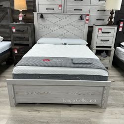 BED FRAME QUEEN, WHITEWASH, ELEGANT - [NEW]