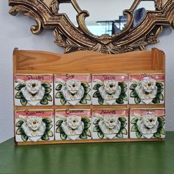 Vintage Floral Ceramic Spice Drawer Set w Wood Rack 8 Jars Country Cottage