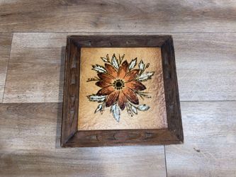 Vintage Floral Ceramic /wood Tile Pot Trivet 