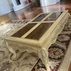 Handcrafted Light Wood With Tinted Glass Coffee Table And End Table
