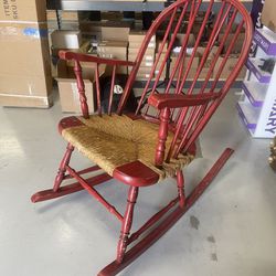 Vintage Chair Red Wood And Wicker Farmhouse Antique Rocking Chair