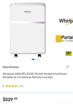 Whirlpool 6,500 BTU DOE (10,000 BTU ASHRAE) Portable Air Conditioner (Model: WHAP101BWC). 1 rollers missing Out of box