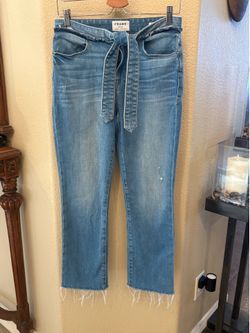 Frame Light Blue Tie-Waist Frayed Hem Le High Straight Jeans Size 28-Fit Small