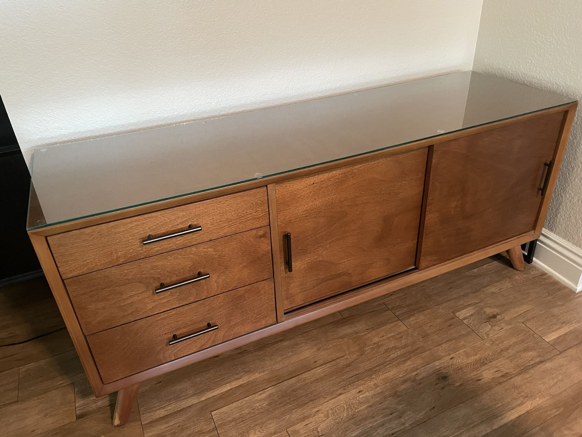 Mid-Century Modern World Market Brewton Large (64”) Storage Cabinet, Buffet Or Media TV Stand With Custom Glass Top - 64” Length (Excellent Condition)
