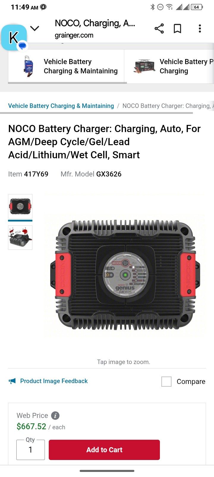 Noco Battery Charger Charging For Auto For AMG/Deep Cycle/ Gel/Lead / Acid / Lithium / Wet Cycle Smart