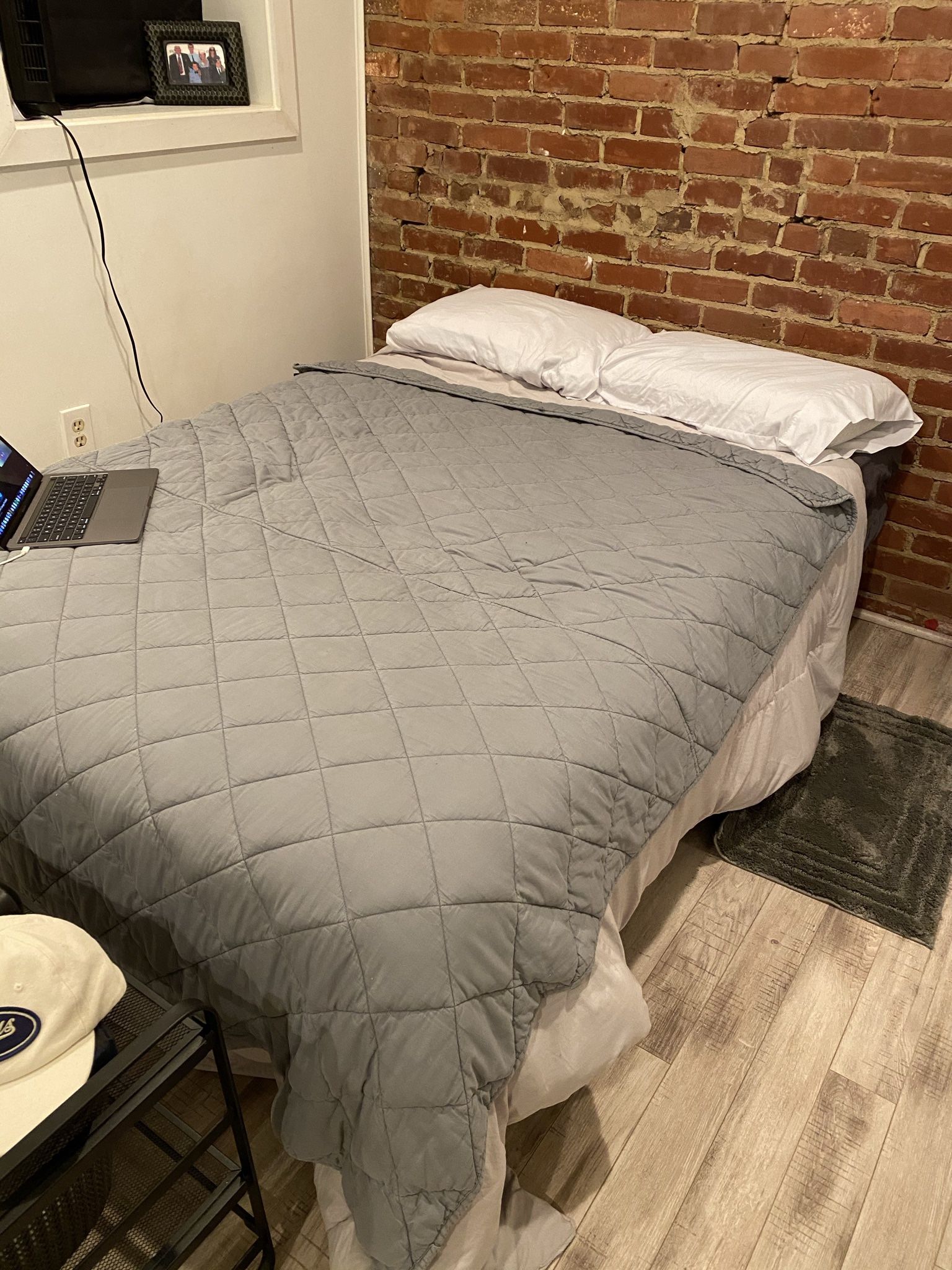 Bed with temper pedic pad and pillows, weighted blanket, frame and mattress