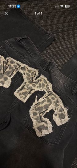 Black Distressed Denim Jeans Leopard Print Patch