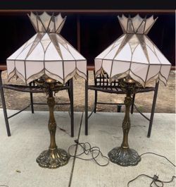 Pair of Stunning Vintage Brass & Stained Glass Dusty Rose Pink Lamps