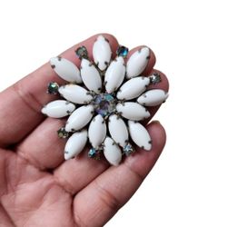 Vintage Silver Toned White Milk Glass Beaded Iridescent Gem Pin