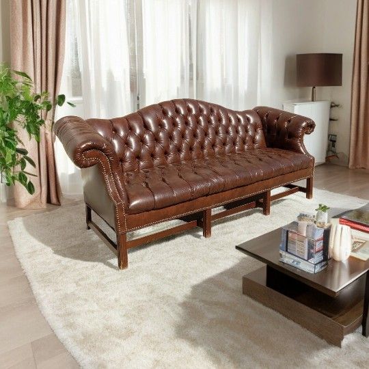 Vintage Sears Leather Chippendale Chesterfield Leather Sofa Couch