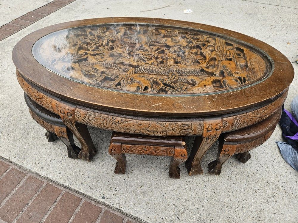 Vintage Hand-carved Asian Coffee Table With Stools