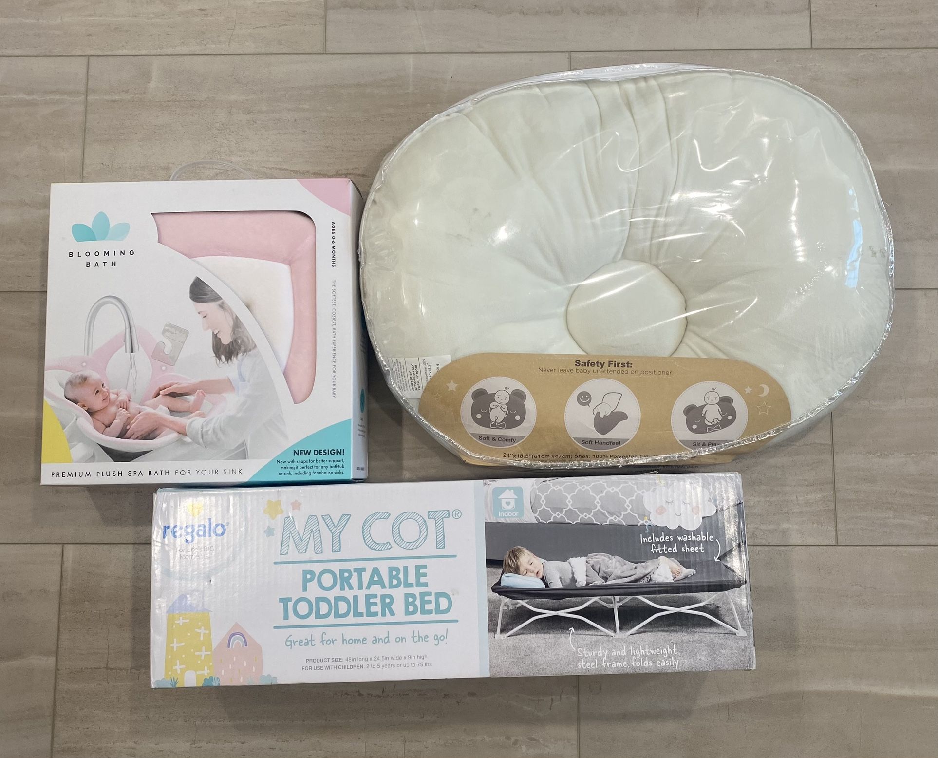 Baby Bath & Sleep Bundle – Blooming Bath, Safety 1st Bath Cushion, Regalo My Cot Toddler Bed