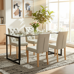 Homy Casa Slip 5PC Dining Set 55” Clear Glass Table with Black Metal Base and 4 Douro Grey Fabric Chairs