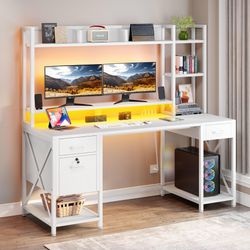 DWVO Computer Desk With Drawers & Hutch, 59.1" Office Desk With Power