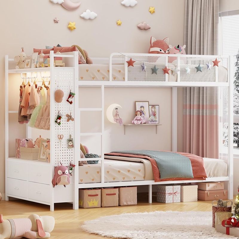 Itaar Metal Bunk Bed Twin Over Twin with Hall Tree, Power Outlet, LED Bunk Bed with 4 Storage Drawers, Bed with Safety Guardrail & Ladders, No Box Spr