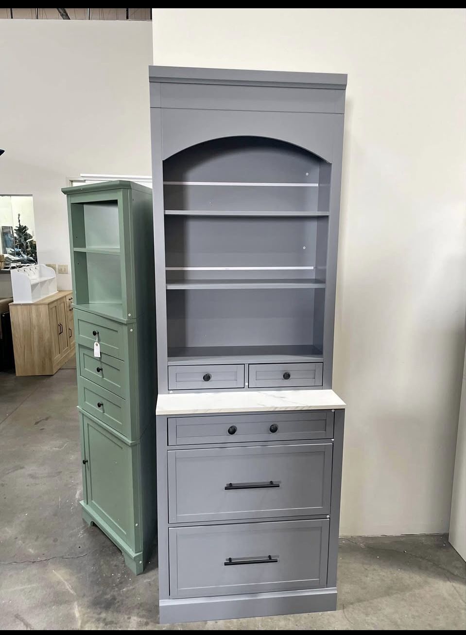 Assembled New 84” Tall Freestanding Storage Cabinet with Arched Design Adjustable Shelves 5 Drawers