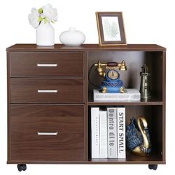 Mobile Lateral File Cabinet Wood Printer Stand W/ 3 Drawers for Home Office Brown