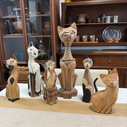 Vintage Mid Century set of 6 Wood Cats 🐈 