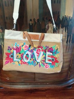 LOVE burlap canvas tote bag $35