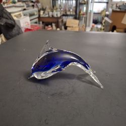 Vintage Cobalt Blue & Clear Hand Blown Art Glass Dolphin Figurine Murano Styling 5.5"L X 2.75"W X 3"H