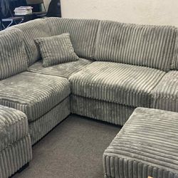 New Corduroy  Sectional Couch With Storage Ottoman 