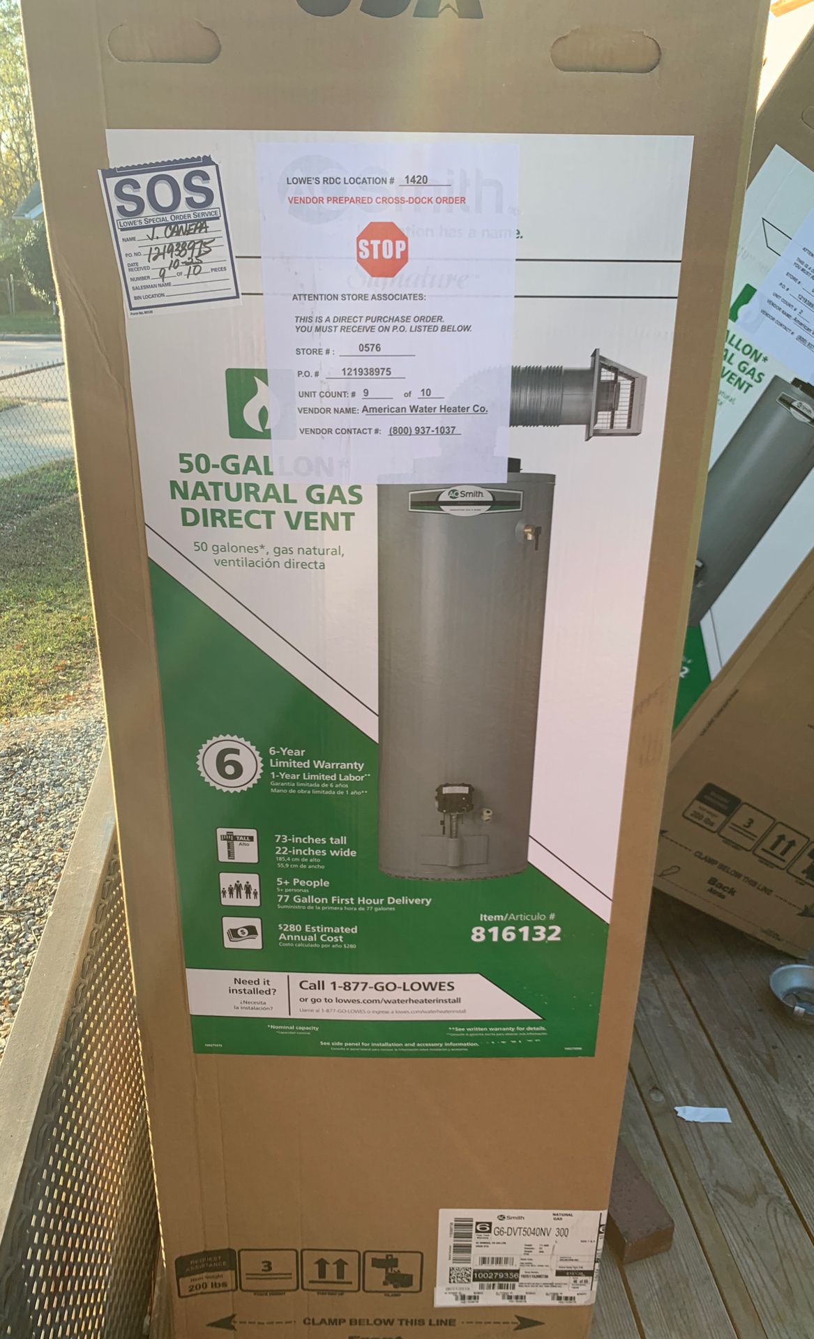 50 gal gas direct vent water heaters Brand new