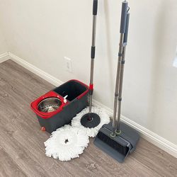New ($30 Combo Set) Broom dustpan and spin mop with replacement mop heads