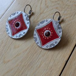 Rare Russian Red Enamel, Natural Ruby Gemstone Center, Solid Pure Silver Earrings 1.75"

