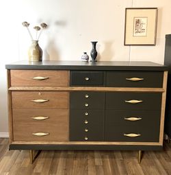 brown white polka dot dress pretty woman Mid Century Modern Dresser, West Michigan Furniture Co. Ebony, Walnut, main image 0