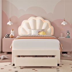 Twin Bed Frame with Storage & LED Light, Velvet Upholstered Platform Twin Bed with Adjustable Petal Headboard, Beige