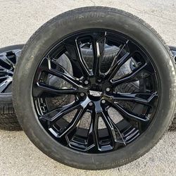 New 22” black Cadillac wheels and Bridgestone tires 22 Rims Escalade Rines Negros Con Llantas Nuevas OEM stock factory Original Take offs originals of