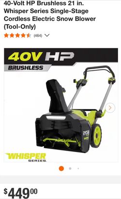 RYOBI 40-Volt HP Brushless 21 in. Whisper Series Single-Stage Cordless Snow Blower (Tool-Only)
